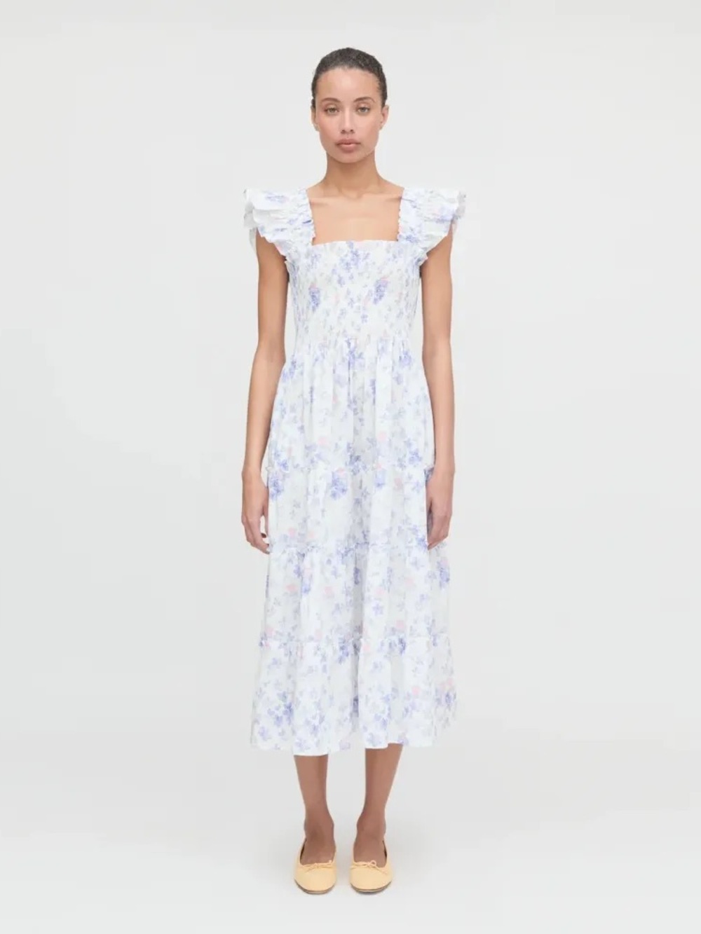 Ruffled Square-Neck Floral Midi Dress in Light Blue